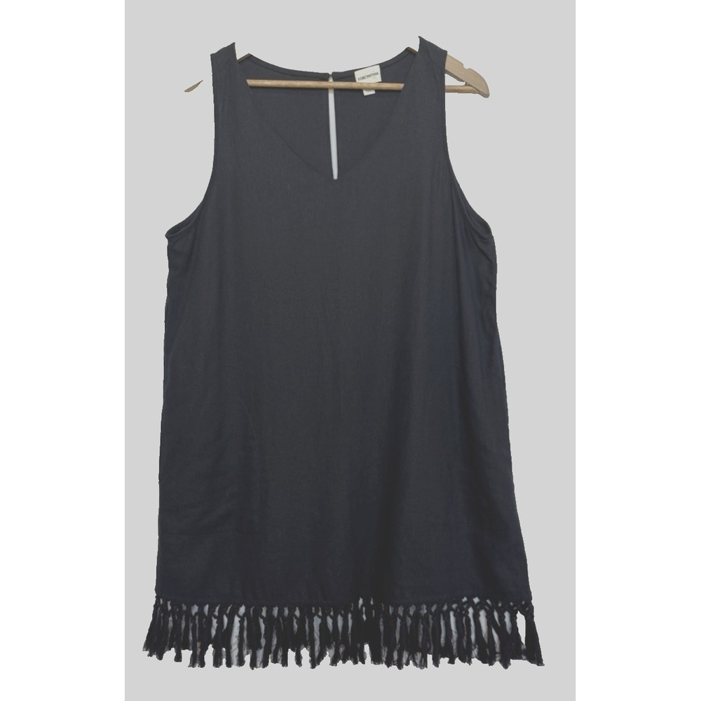 For Cynthia Linen Resort Dress Size M Navy Fringe Nautical Beach Coastal Casual - Picture 2 of 11